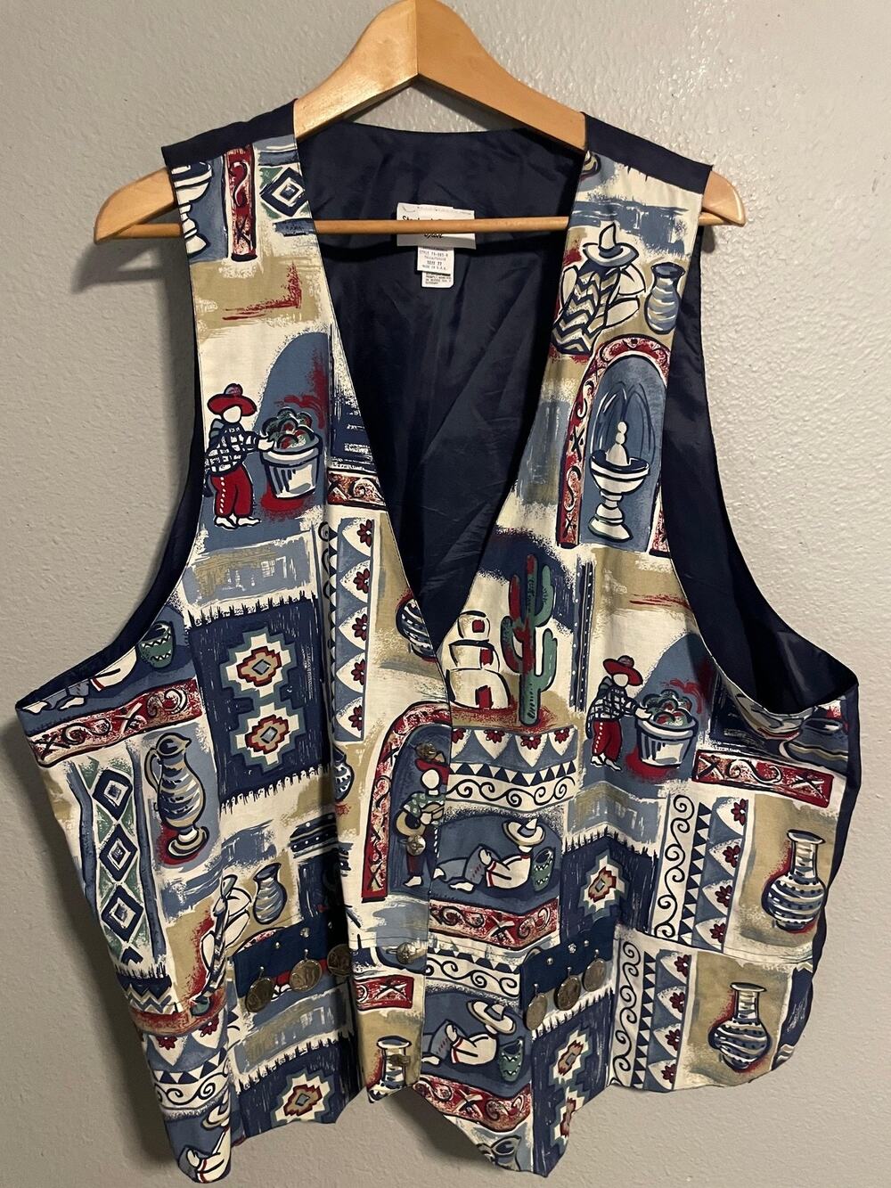 Vintage Stephanie Thomas Womens Vest Plus Size 22 Western Cowboy Print Art 90s
